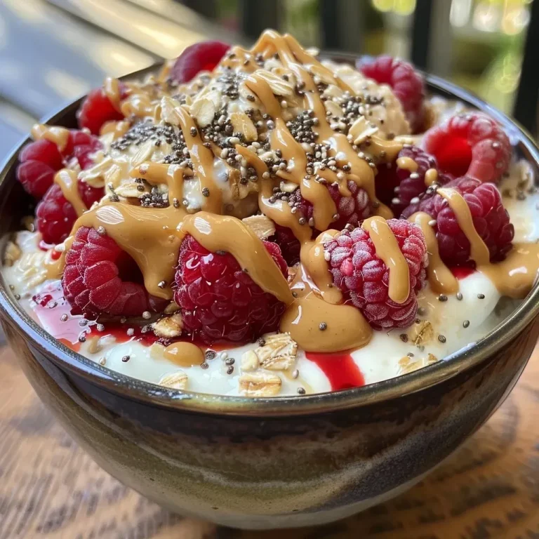 ['Close-up view of a bowl of raspberry peanut butter overnight oats.', 'Side photo of vibrant overnight oats topped with fresh raspberries.', 'Creamy overnight oats with peanut butter and raspberries in a glass jar.', 'Hearty serving of high-protein overnight oats with a sprinkle of chia seeds.']