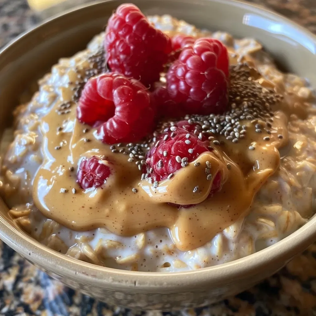 ['Close-up view of a bowl of raspberry peanut butter overnight oats.', 'Side photo of vibrant overnight oats topped with fresh raspberries.', 'Creamy overnight oats with peanut butter and raspberries in a glass jar.', 'Hearty serving of high-protein overnight oats with a sprinkle of chia seeds.']