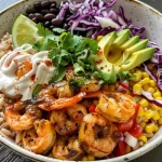 ['Close-up view of a shrimp taco rice bowl featuring shrimp, rice, and fresh toppings.', 'Side view of a delicious shrimp rice bowl topped with avocado, cabbage, and cilantro.', 'Juicy shrimp taco bowl showcasing cooked brown rice and vibrant vegetables.', 'Colorful bowl of shrimp taco rice with ingredients like black beans and Greek yogurt.']