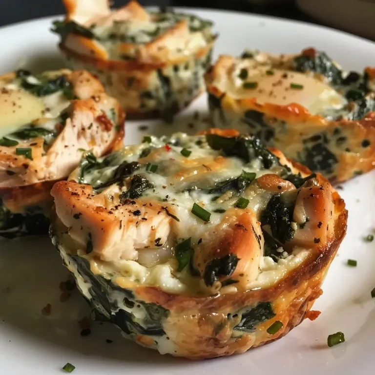 ['Close-up view of high-protein spinach chicken cups, showing a golden top and green spinach.', 'Side shot of baked spinach chicken cups, highlighting textures and cheesy topping.', 'Juicy spinach chicken cups displayed on a plate, showcasing their colorful ingredients.', 'Detail of protein-rich spinach chicken cups, featuring spinach and cheese melted on top.']