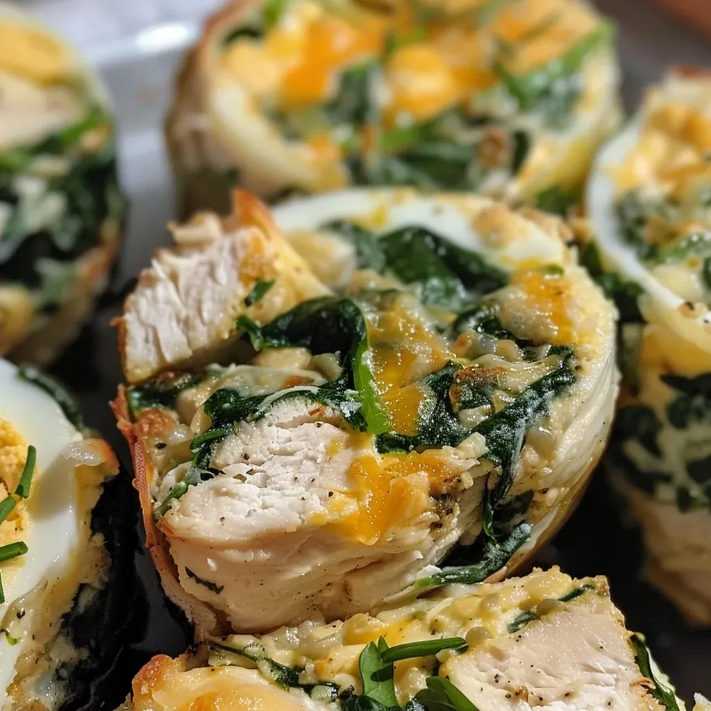 ['Close-up view of high-protein spinach chicken cups, showing a golden top and green spinach.', 'Side shot of baked spinach chicken cups, highlighting textures and cheesy topping.', 'Juicy spinach chicken cups displayed on a plate, showcasing their colorful ingredients.', 'Detail of protein-rich spinach chicken cups, featuring spinach and cheese melted on top.']