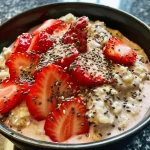 Close-up view of creamy strawberry overnight oats with chia seeds and fresh strawberries.