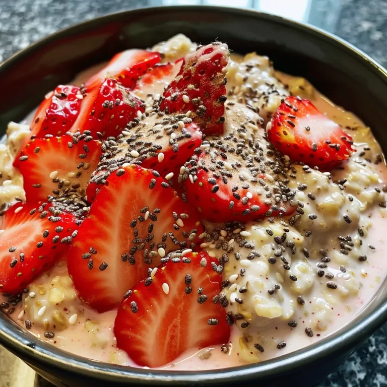 Nourishing Strawberry Overnight Oats for a Bright Morning Close-up view of creamy strawberry overnight oats with chia seeds and fresh strawberries.