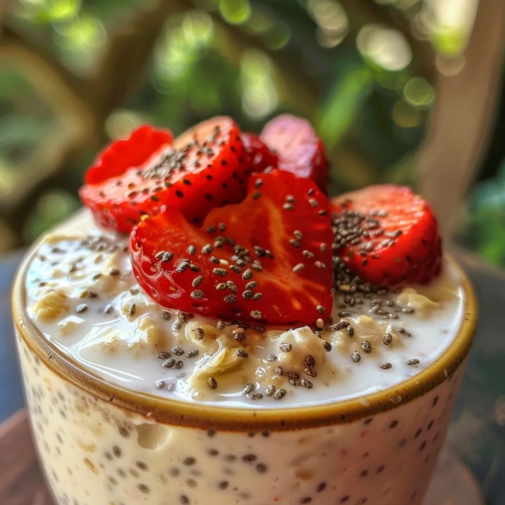 Side view of a bowl filled with high protein strawberry overnight oats topped with chopped strawberries.