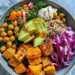 Close-up of a vibrant high protein sweet potato Buddha bowl with colorful vegetables.
