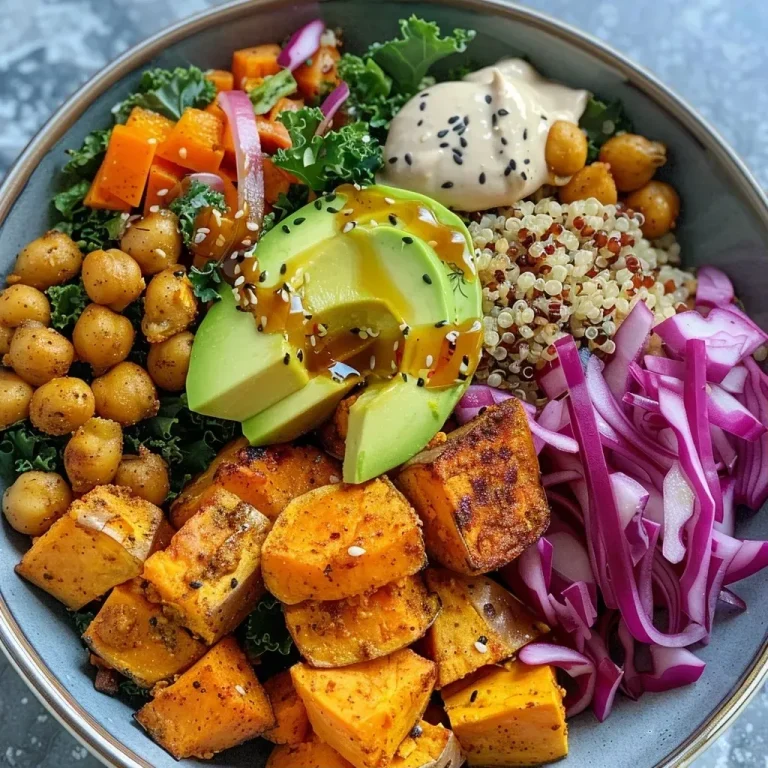 Close-up of a vibrant high protein sweet potato Buddha bowl with colorful vegetables.