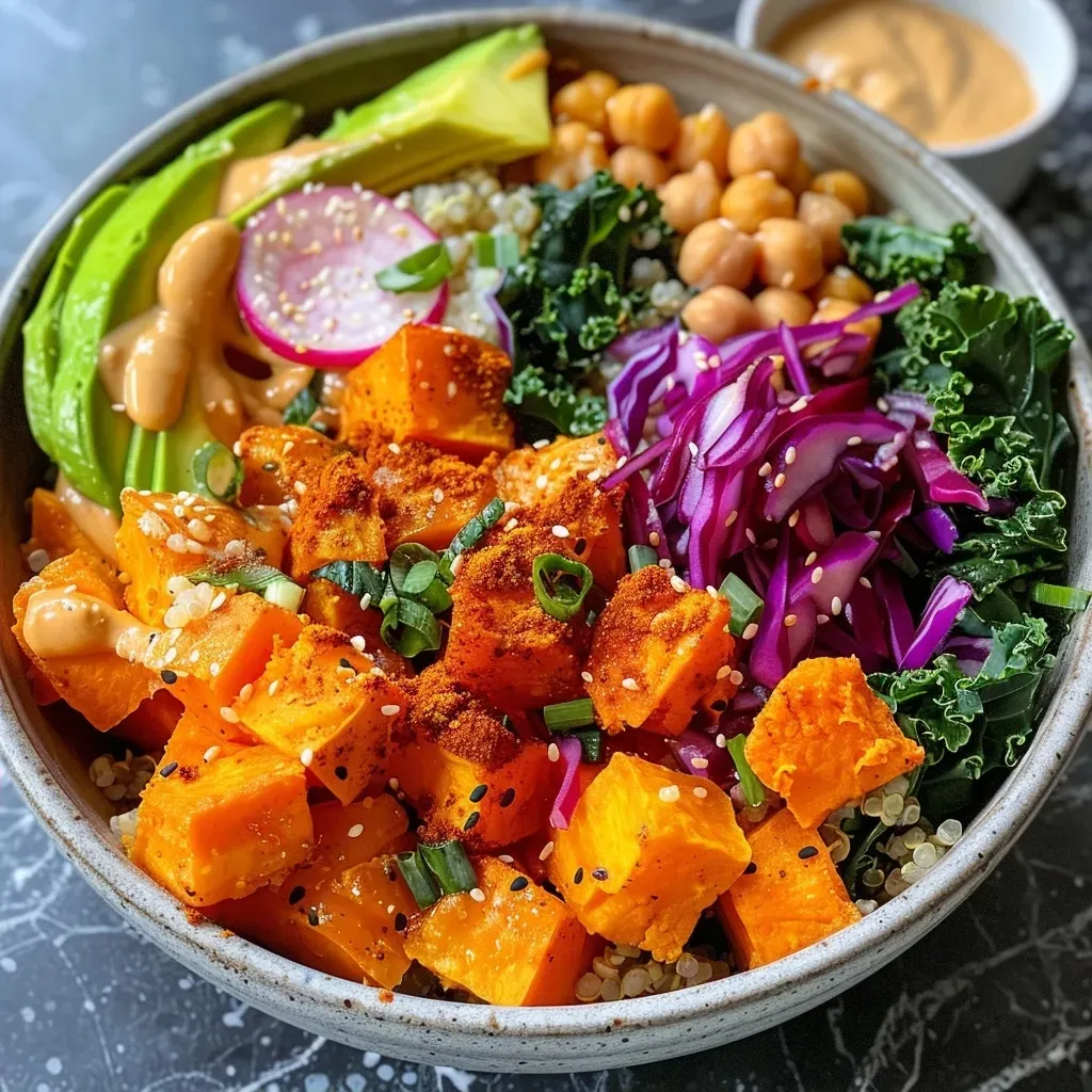 Side view of a Buddha bowl featuring sweet potatoes, chickpeas, and leafy greens.