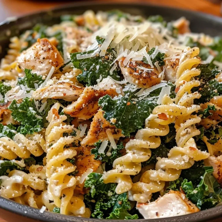 Nourishing Kale Chicken Caesar Pasta Salad for Everyday Joy Close-up of a Kale Chicken Caesar Pasta Salad featuring chicken, kale, and pasta.