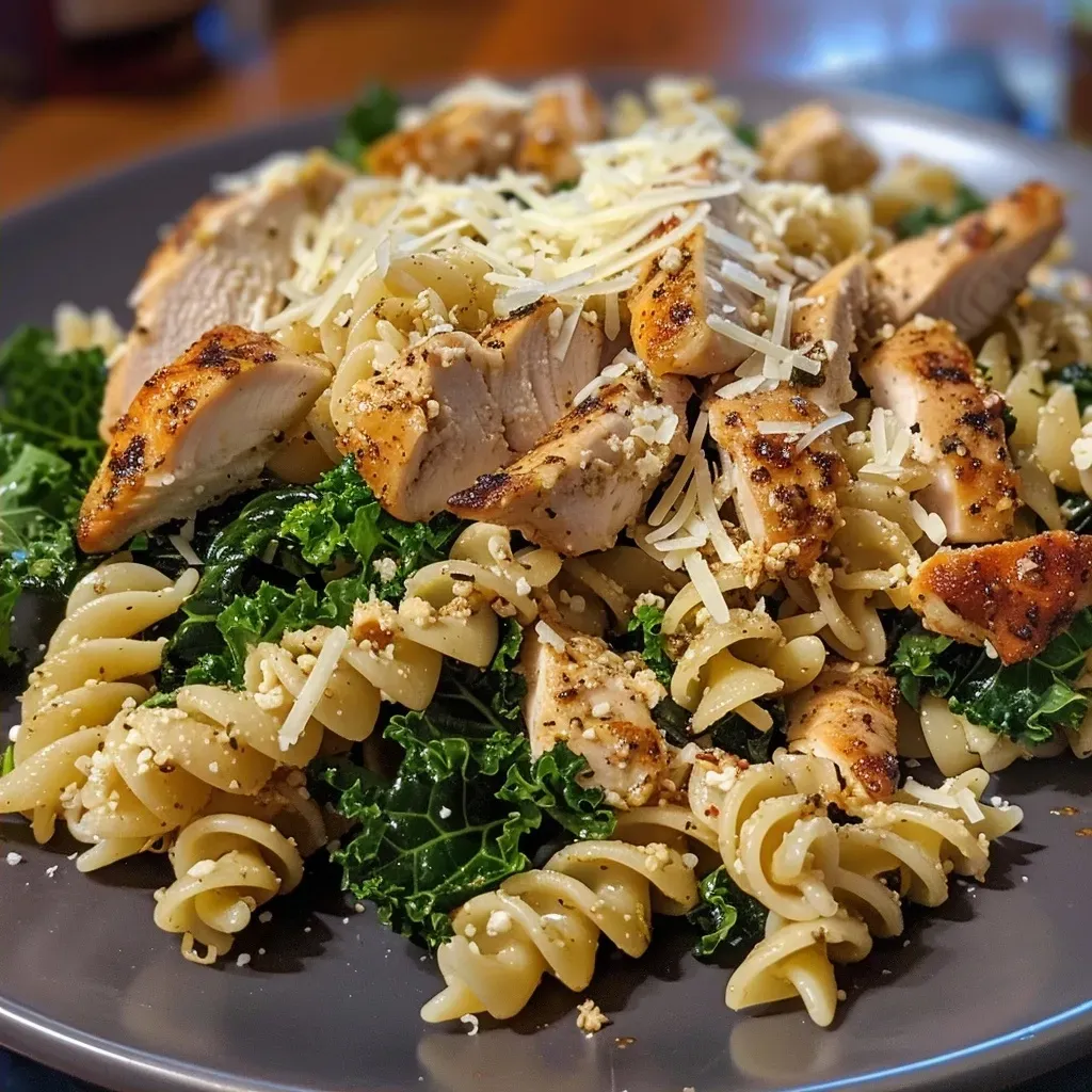 Side view of a vibrant Kale Chicken Caesar Pasta Salad with creamy dressing and grated cheese.