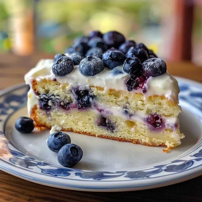 Brighten Your Day with Lemon Blueberry Bliss Side view of a moist lemon blueberry cake topped with whipped lemon cream frosting.