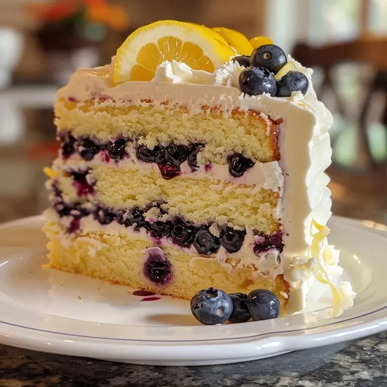 Savoring Sunshine A Delightful Lemon Blueberry Layer Cake Recipe A close-up side view of a layered lemon blueberry cake showcasing vibrant blueberries and creamy frosting.