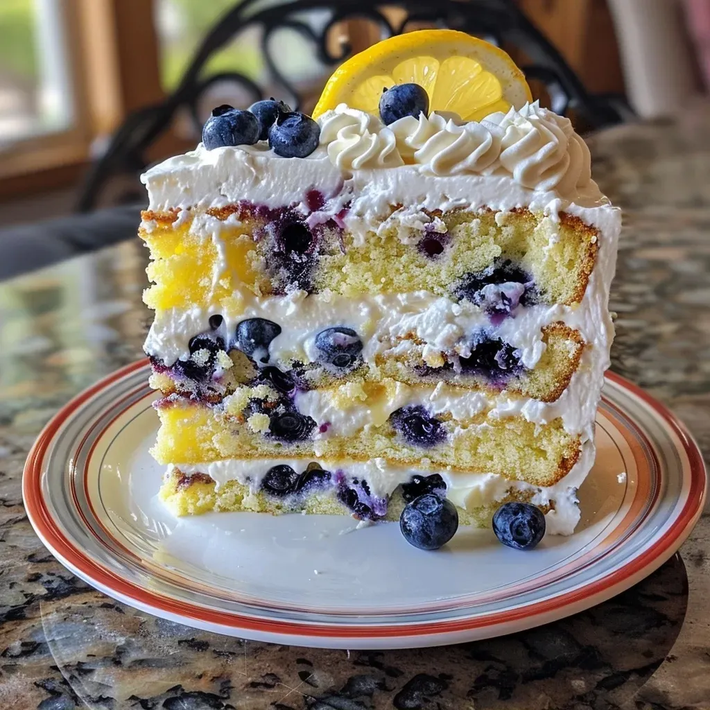 Detailed side profile of a lemon blueberry layer cake with visible layers and fresh blueberries on top.
