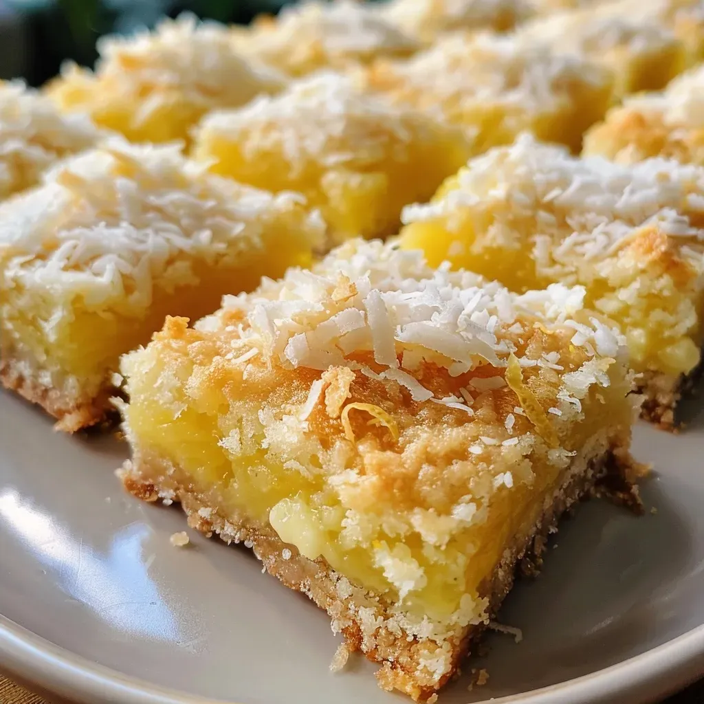 ['Close-up of a golden lemon-coconut bar, showcasing its flaky texture and glossy lemon topping.', 'Deliciously baked lemon-coconut bars, highlighting the coconut flakes and lemon zest on the surface.', 'Side view of moist lemon bars with a coconut finish, resting on a white plate.', 'Juicy lemon-coconut bars, displaying a rich, bright yellow filling and a crumbled coconut crust.']