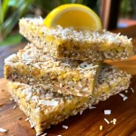 ['Close-up of a lemon coconut protein bar showcasing its texture and color.', 'Side view of a lemon coconut protein bar, highlighting its ingredients and toppings.', 'Juicy lemon coconut protein bars arranged neatly, emphasizing their moist texture.', 'Detailed shot of a lemon coconut protein bar with visible coconut flakes and lemon zest.']