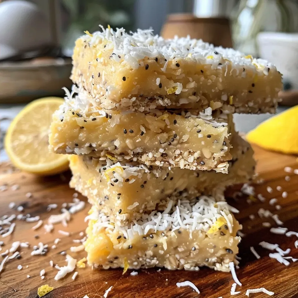 ['Close-up of a lemon coconut protein bar showcasing its texture and color.', 'Side view of a lemon coconut protein bar, highlighting its ingredients and toppings.', 'Juicy lemon coconut protein bars arranged neatly, emphasizing their moist texture.', 'Detailed shot of a lemon coconut protein bar with visible coconut flakes and lemon zest.']