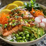 ['A close-up view of a Lemon Garlic Salmon Rice Bowl featuring salmon, rice, and fresh vegetables.', 'Side angle of a delicious Lemon Garlic Salmon Rice Bowl with vibrant toppings and rice.', 'Juicy Lemon Garlic Salmon served over rice with colorful vegetables in a bowl.', 'A close-up shot of a Lemon Garlic Salmon Rice Bowl highlighting salmon, avocado, and greens.']