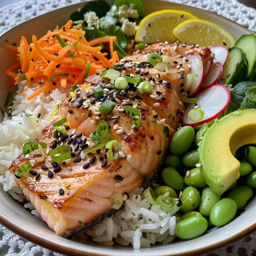 A close-up view of a Lemon Garlic Salmon Rice Bowl featuring salmon, rice, and fresh vegetables.