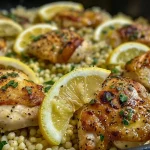 ['Juicy Lemon Herb Couscous Chicken garnished with fresh parsley and lemon wedges.', 'Close-up view of cooked chicken breasts on a bed of lemon herb couscous.', 'Delicious plate of Lemon Herb Couscous Chicken with vibrant garnishes.', 'Side view of Lemon Herb Couscous Chicken showcasing the texture and color.']