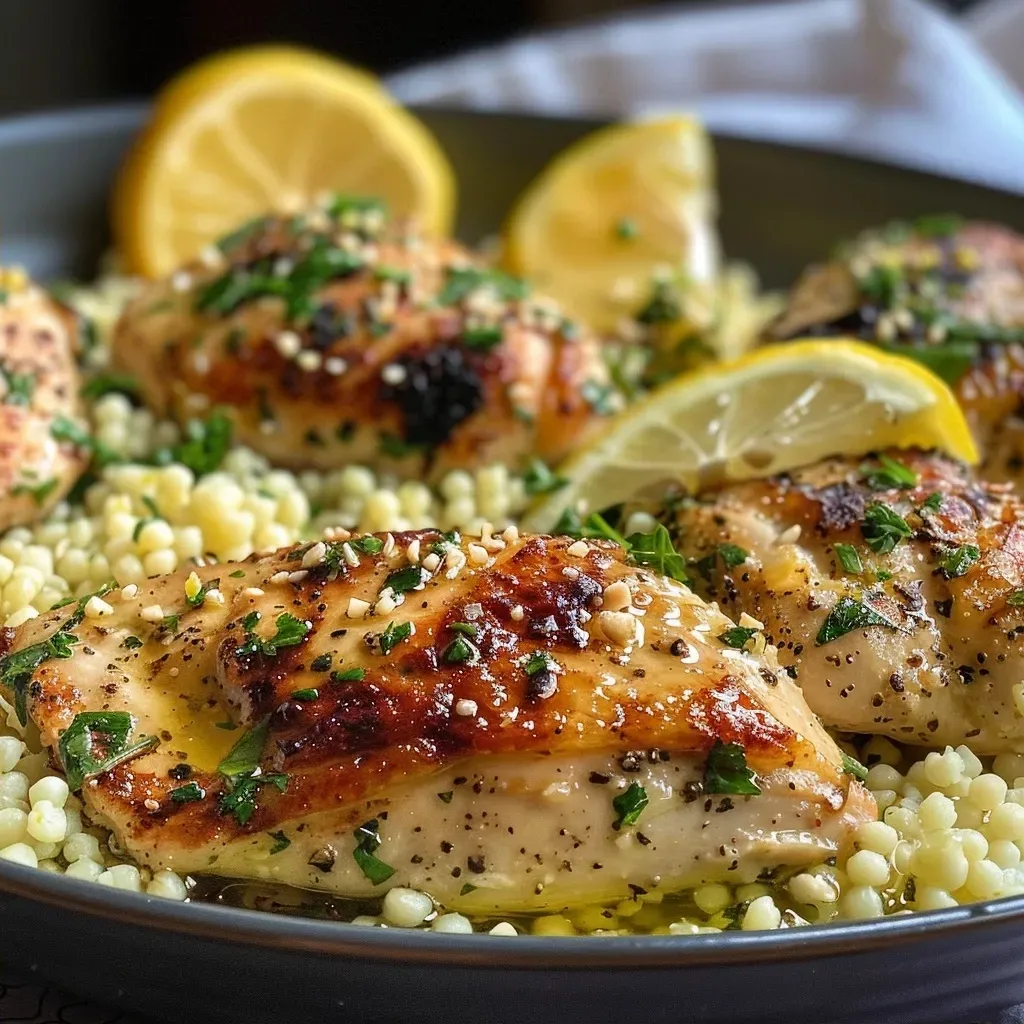 ['Juicy Lemon Herb Couscous Chicken garnished with fresh parsley and lemon wedges.', 'Close-up view of cooked chicken breasts on a bed of lemon herb couscous.', 'Delicious plate of Lemon Herb Couscous Chicken with vibrant garnishes.', 'Side view of Lemon Herb Couscous Chicken showcasing the texture and color.']