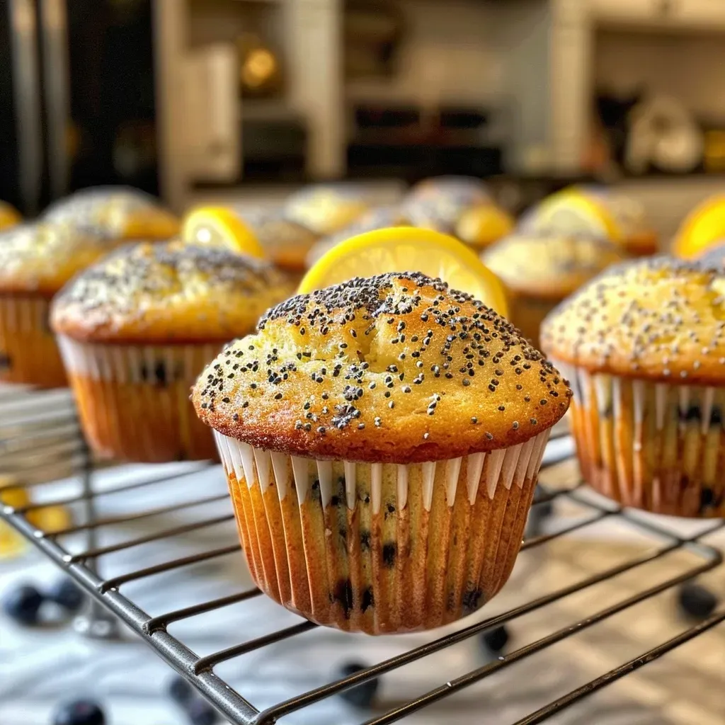['Close-up of a golden brown lemon poppy seed muffin with blueberries.', 'Side view of a lemon poppy seed muffin showing texture and blueberries.', 'Juicy lemon poppy seed muffin with a moist interior, garnished with lemon zest.', 'Delicious muffin with poppy seeds and bright blueberries, resting on a plate.']