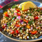['A close-up view of a vibrant Lemony Couscous Lentil Salad with colorful vegetables.', 'A side perspective of Lemony Couscous Lentil Salad showcasing fresh ingredients and textures.', 'A detailed shot of Lemony Couscous Lentil Salad featuring lentils, couscous, and herbs.', 'A close-up of a fresh salad bowl filled with Lemony Couscous, lentils, and chopped vegetables.']