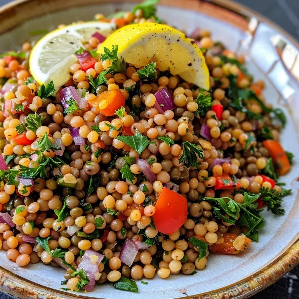 ['A close-up view of a vibrant Lemony Couscous Lentil Salad with colorful vegetables.', 'A side perspective of Lemony Couscous Lentil Salad showcasing fresh ingredients and textures.', 'A detailed shot of Lemony Couscous Lentil Salad featuring lentils, couscous, and herbs.', 'A close-up of a fresh salad bowl filled with Lemony Couscous, lentils, and chopped vegetables.']