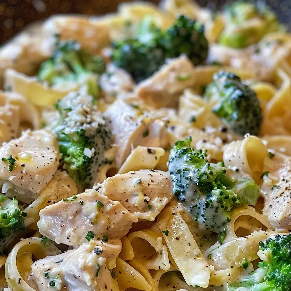 ['A close-up view of Light & Creamy Chicken Broccoli Alfredo featuring fettuccine, chicken strips, and broccoli florets.', 'Side view of a plate of Chicken Broccoli Alfredo with creamy sauce, broccoli, and pasta.', 'Juicy chicken strips and vibrant green broccoli in creamy Alfredo sauce, served on fettuccine.', 'Gourmet presentation of Chicken Broccoli Alfredo, showcasing fresh ingredients and a rich sauce.']