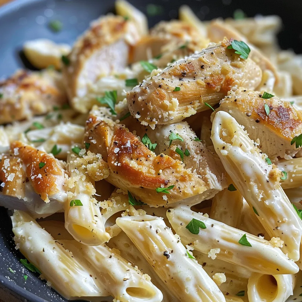 Side view of a delicious serving of Low Calorie Chicken Alfredo topped with fresh parsley and a sprinkle of Parmesan.