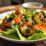 ['Close-up of lettuce wraps filled with shrimp, avocado, and colorful vegetables.', 'Juicy shrimp and sliced avocado nestled in fresh lettuce, garnished with herbs.', 'Side view of vibrant shrimp lettuce wraps with carrots and green onions.', 'Delicious avocado shrimp wraps presented on a plate with bright colors.']