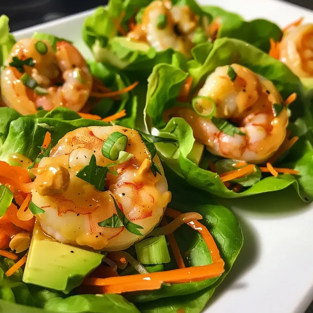 ['Close-up of lettuce wraps filled with shrimp, avocado, and colorful vegetables.', 'Juicy shrimp and sliced avocado nestled in fresh lettuce, garnished with herbs.', 'Side view of vibrant shrimp lettuce wraps with carrots and green onions.', 'Delicious avocado shrimp wraps presented on a plate with bright colors.']