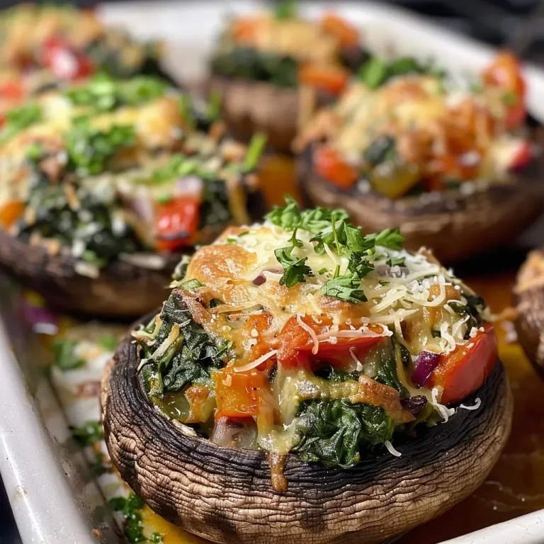 Close-up of juicy, low-carb veggie stuffed mushrooms filled with green and red vegetables.