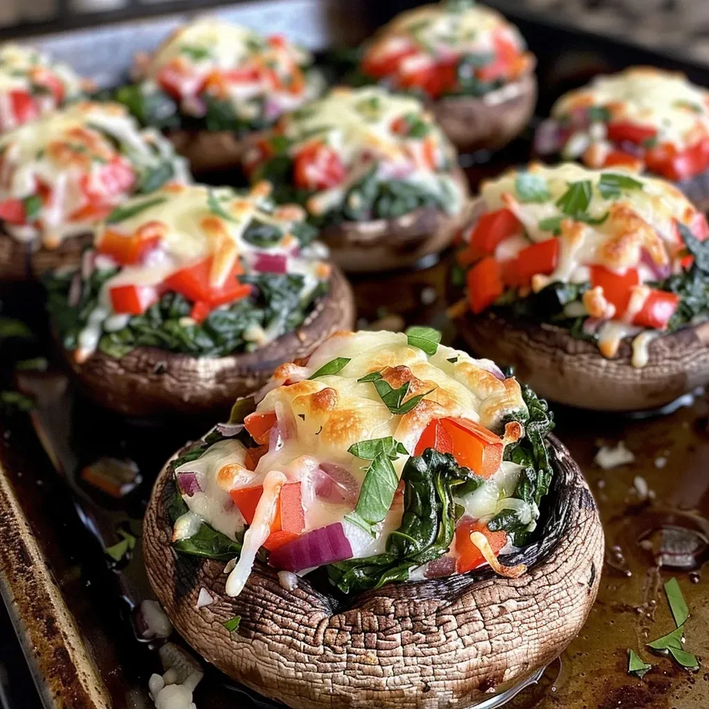 Side view of large portobello mushrooms topped with melted cheese and colorful veggies.