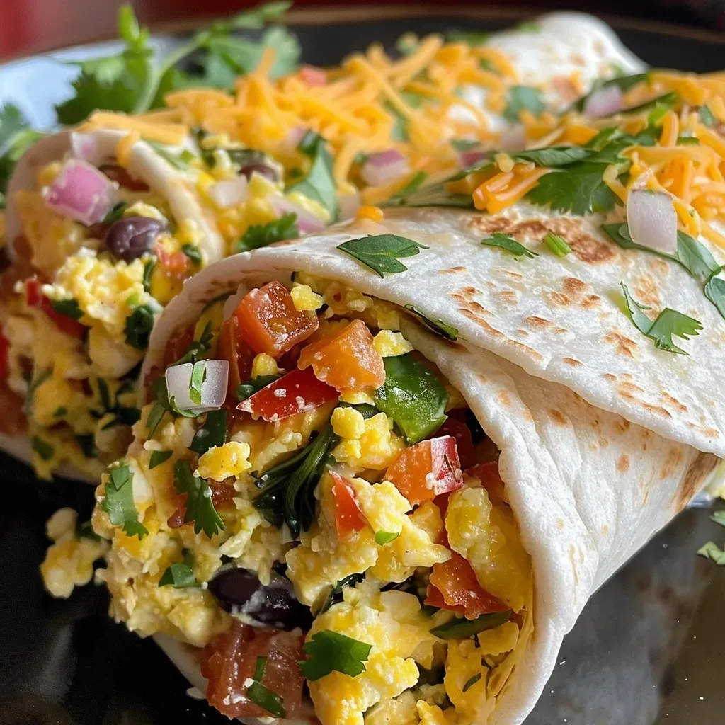 Close-up view of a delicious egg white breakfast burrito filled with colorful vegetables and cheese.