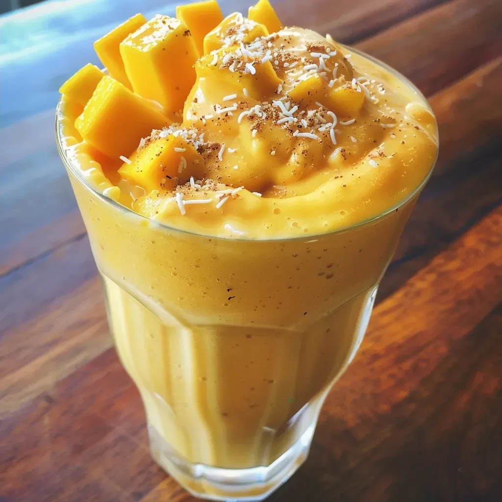 ['Side view of a creamy mango coconut protein shake topped with a slice of mango.', 'Close up of a vibrant yellow mango coconut shake in a clear glass, surrounded by fresh mango chunks.', 'A delicious smoothie made with mango and coconut, garnished with a mint leaf, captured in natural light.', 'Refreshing protein shake with a smooth texture, showcasing the creamy blend of mango and coconut in a stylish glass.']
