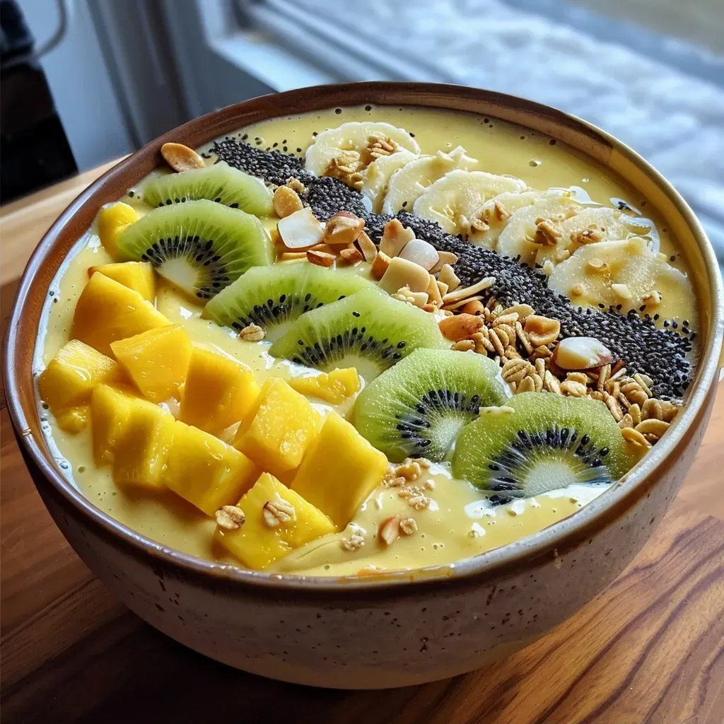 ['Close-up view of a vibrant mango pineapple smoothie bowl topped with fresh fruit and granola.', 'Side view of a colorful smoothie bowl featuring mango, pineapple, and various toppings.', 'Detailed shot of a smoothie bowl with a creamy mango-pineapple blend and kiwi slices on top.', 'Artistic view of a smoothie bowl filled with tropical fruits and nuts, showcasing its texture and colors.']