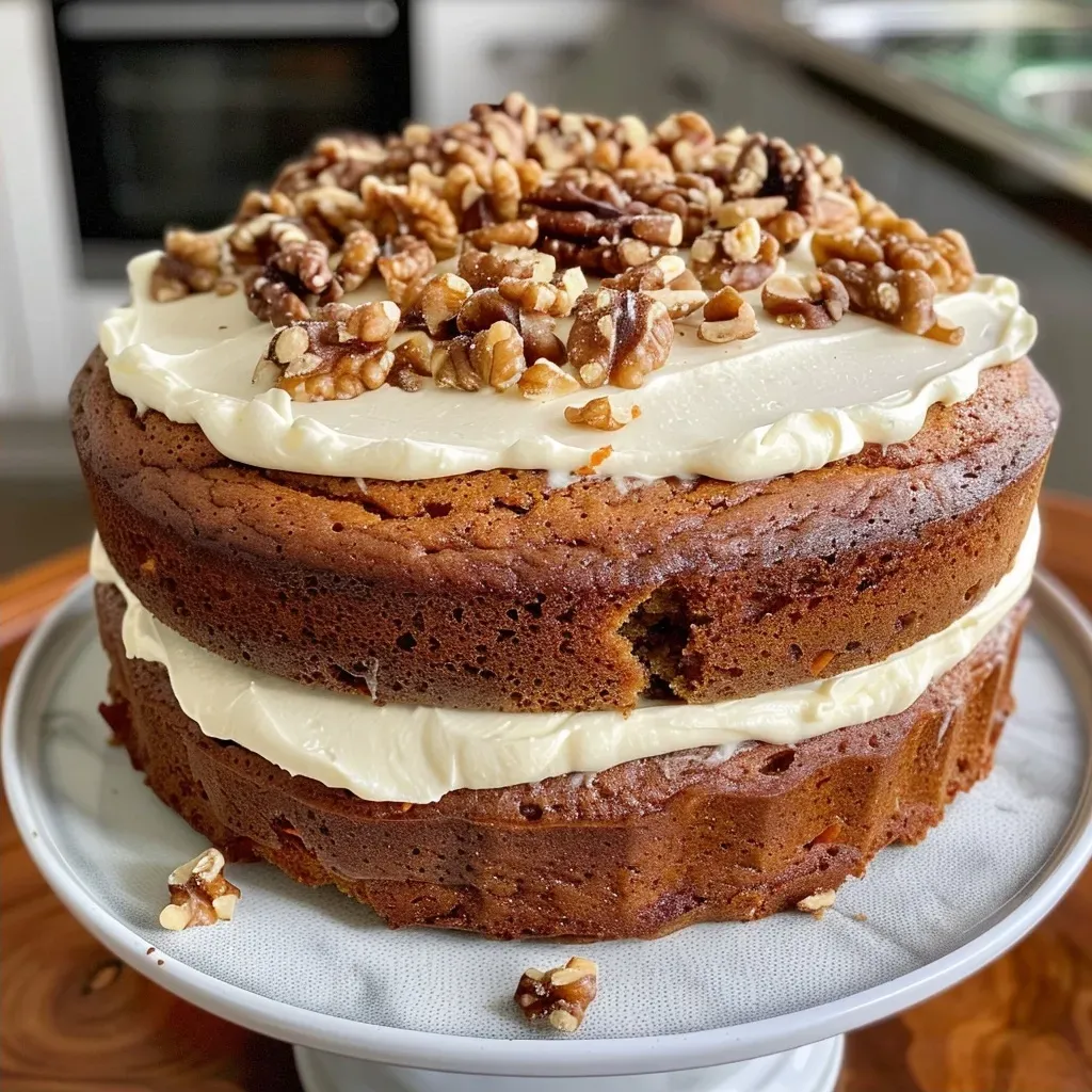 Close-up image of a beautifully decorated carrot and walnut cake, showcasing its layers and frosting.