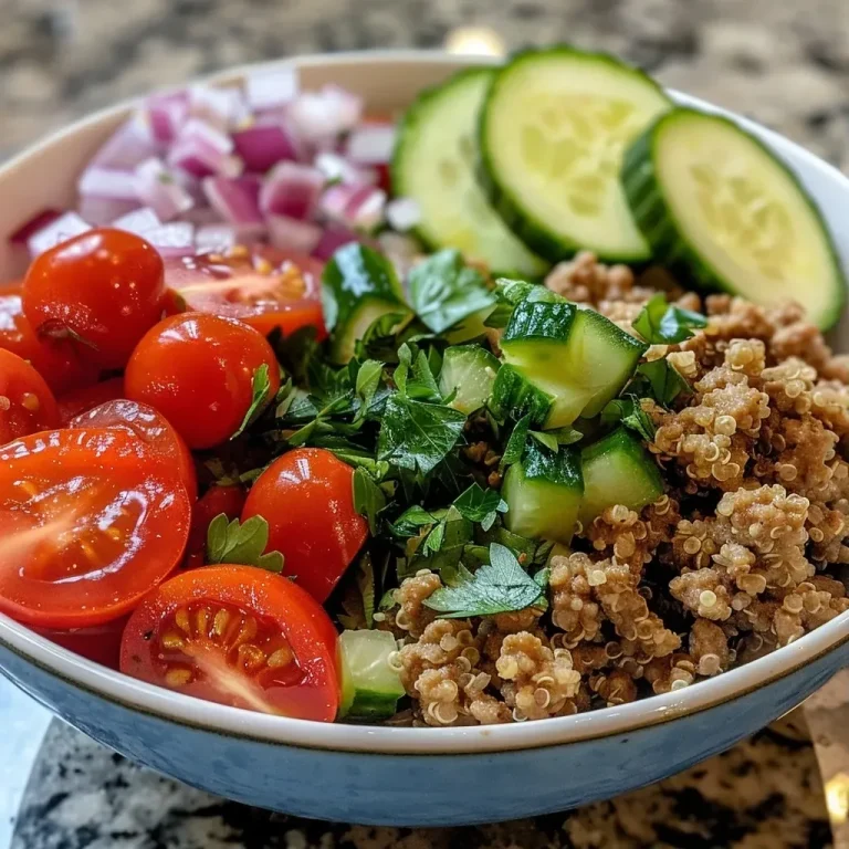 ['A vibrant Mediterranean bowl featuring ground turkey and quinoa with fresh vegetables.', 'Close-up view of a colorful bowl containing quinoa, ground turkey, diced cucumbers, and cherry tomatoes.', 'A delicious Mediterranean dish showcasing ground turkey, quinoa, and garnished with parsley and lemon.', 'A side view of a Mediterranean bowl filled with quinoa, ground turkey, and assorted fresh vegetables.']