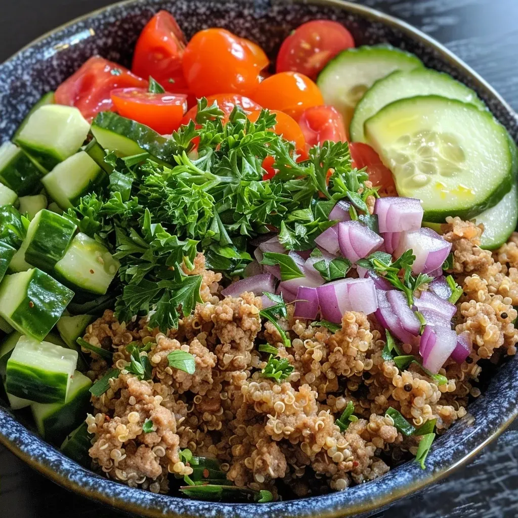 ['A vibrant Mediterranean bowl featuring ground turkey and quinoa with fresh vegetables.', 'Close-up view of a colorful bowl containing quinoa, ground turkey, diced cucumbers, and cherry tomatoes.', 'A delicious Mediterranean dish showcasing ground turkey, quinoa, and garnished with parsley and lemon.', 'A side view of a Mediterranean bowl filled with quinoa, ground turkey, and assorted fresh vegetables.']