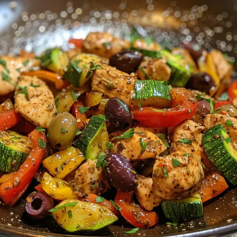 ['Close-up of a colorful Mediterranean chicken stir-fry with bell peppers and zucchini.', 'Juicy sliced chicken breast mixed with vibrant bell peppers and olives in a skillet.', 'Delicious Mediterranean chicken stir-fry featuring garlic, olives, and assorted vegetables.', 'Side view of a flavorful chicken stir-fry, showcasing colorful ingredients and textures.']