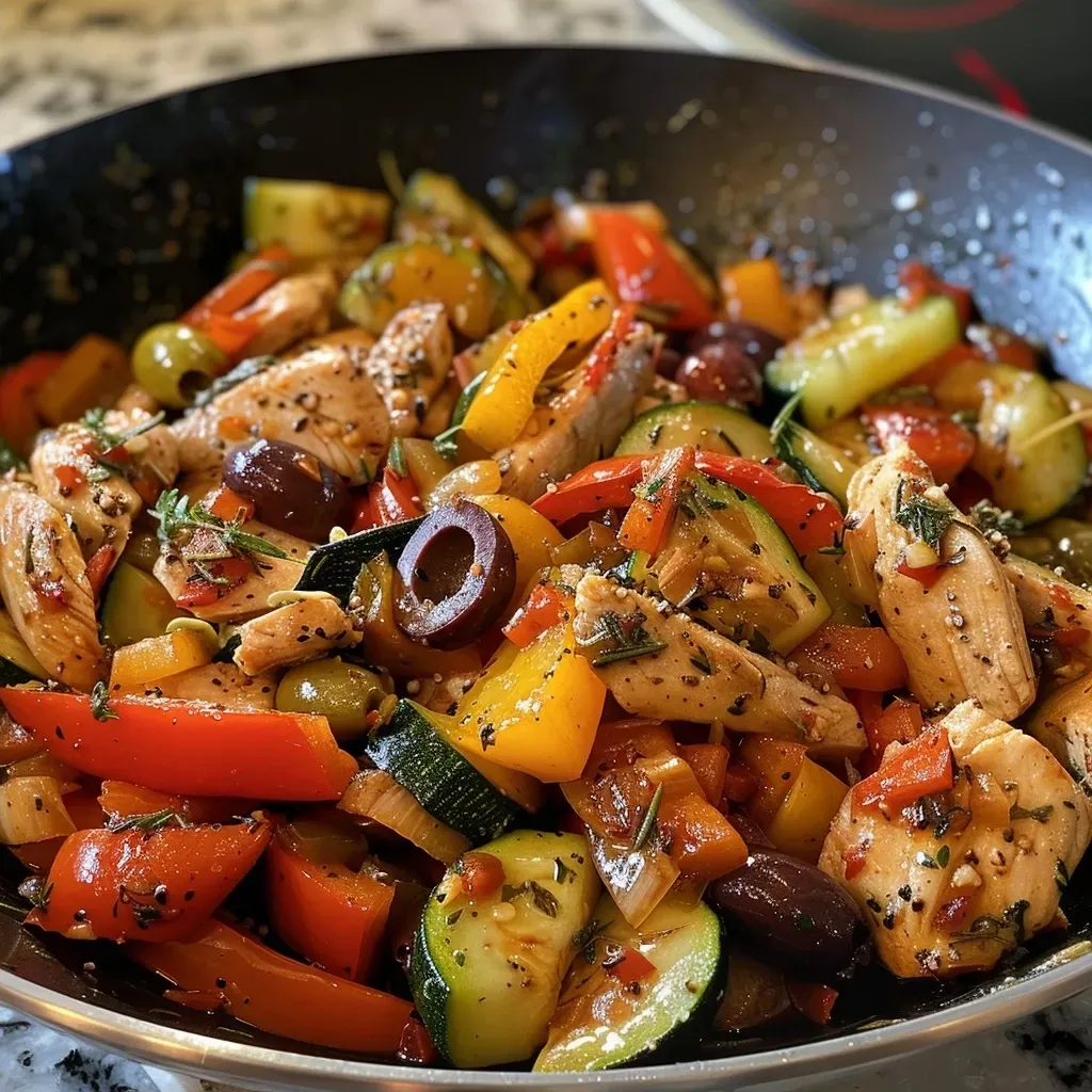 ['Close-up of a colorful Mediterranean chicken stir-fry with bell peppers and zucchini.', 'Juicy sliced chicken breast mixed with vibrant bell peppers and olives in a skillet.', 'Delicious Mediterranean chicken stir-fry featuring garlic, olives, and assorted vegetables.', 'Side view of a flavorful chicken stir-fry, showcasing colorful ingredients and textures.']