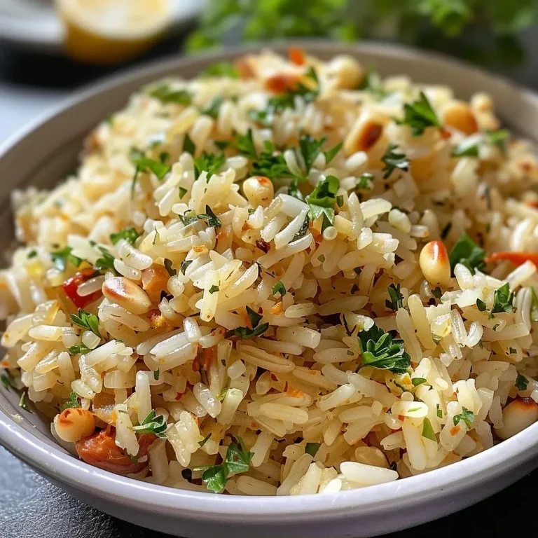 ['Close-up view of fluffy Mediterranean rice with herbs and pine nuts.', 'Side angle of delicious Mediterranean rice garnished with fresh parsley and dill.', 'Juicy Mediterranean rice dish displayed with vibrant herbs and spices.', 'A bowl of flavorful Mediterranean rice featuring lemon zest and toasted pine nuts.']