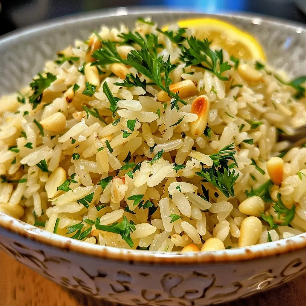 ['Close-up view of fluffy Mediterranean rice with herbs and pine nuts.', 'Side angle of delicious Mediterranean rice garnished with fresh parsley and dill.', 'Juicy Mediterranean rice dish displayed with vibrant herbs and spices.', 'A bowl of flavorful Mediterranean rice featuring lemon zest and toasted pine nuts.']