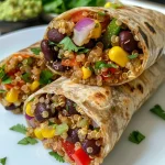 ['Close-up view of a colorful Mexican Quinoa Wrap filled with beans, corn, and peppers.', 'Side view of a juicy Mexican Quinoa Wrap showcasing its vibrant ingredients.', 'Detailed photograph of a Mexican Quinoa Wrap with visible layers of quinoa, black beans, and veggies.', 'Fresh Mexican Quinoa Wrap on a plate with a variety of fillings and sauces.']