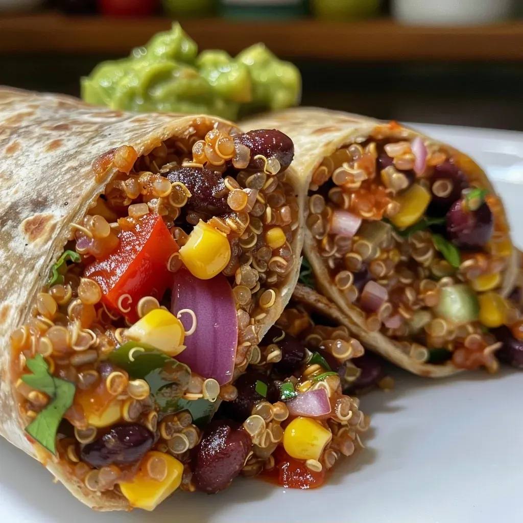 ['Close-up view of a colorful Mexican Quinoa Wrap filled with beans, corn, and peppers.', 'Side view of a juicy Mexican Quinoa Wrap showcasing its vibrant ingredients.', 'Detailed photograph of a Mexican Quinoa Wrap with visible layers of quinoa, black beans, and veggies.', 'Fresh Mexican Quinoa Wrap on a plate with a variety of fillings and sauces.']