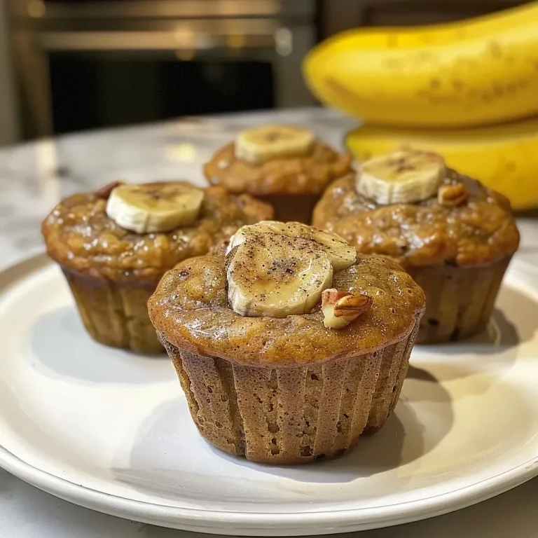 ['Close-up side view of fresh mini banana muffins with a golden brown top.', 'Juicy mini banana muffins displayed with a soft, moist texture and chocolate chips.', 'A plate of warm mini banana muffins, showcasing their fluffy interior and rich color.', 'Delicious mini banana muffins featuring a sprinkle of cinnamon and chocolate chips on top.']