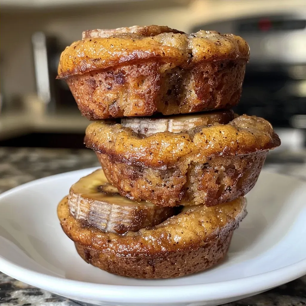 ['Close-up side view of fresh mini banana muffins with a golden brown top.', 'Juicy mini banana muffins displayed with a soft, moist texture and chocolate chips.', 'A plate of warm mini banana muffins, showcasing their fluffy interior and rich color.', 'Delicious mini banana muffins featuring a sprinkle of cinnamon and chocolate chips on top.']