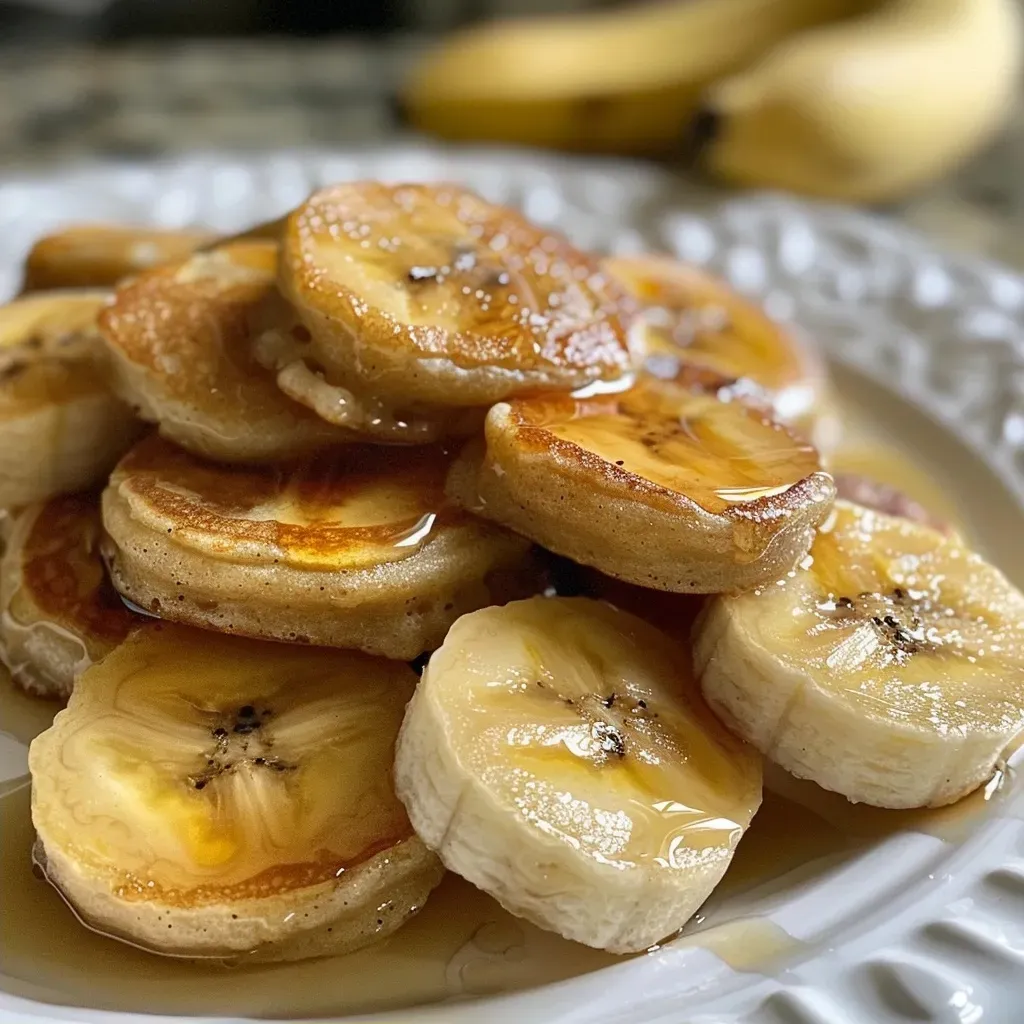 ['Close-up view of golden mini banana pancake bites stacked on a plate.', 'Side view of delicious mini banana pancakes garnished with syrup.', 'Juicy sliced banana pancake bites arranged on a colorful dish.', 'A tempting display of mini banana pancakes drizzled with maple syrup.']