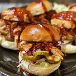 Juicy mini chicken sliders stacked on a wooden platter with a side of coleslaw.