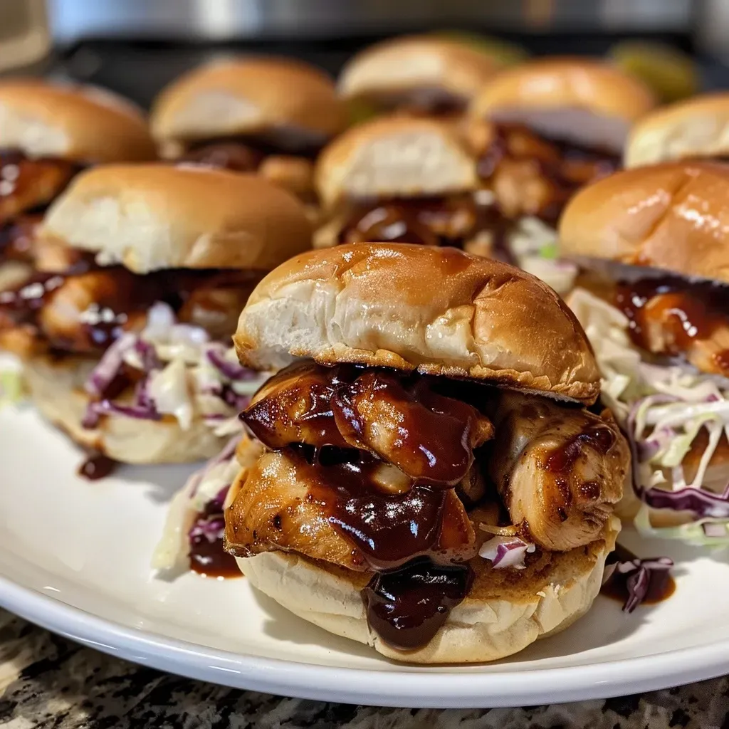 Close-up of golden slider buns filled with shredded chicken, garnished with pickle slices.