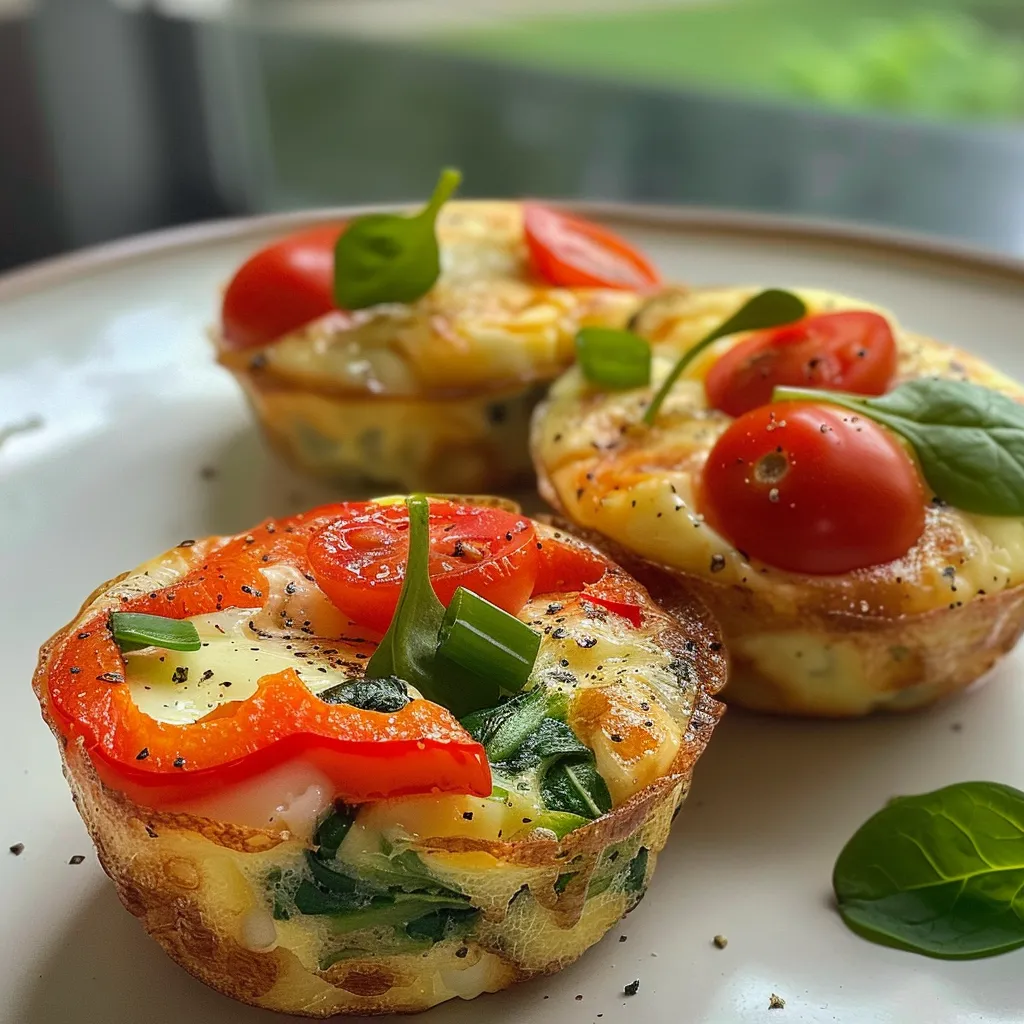 Side view of colorful Mini Egg White Veggie Muffins showcasing diced vegetables and egg whites.